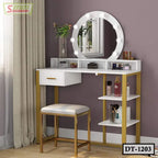Modern white and gold dressing table with round lighted mirror, stool, and cosmetic organizers