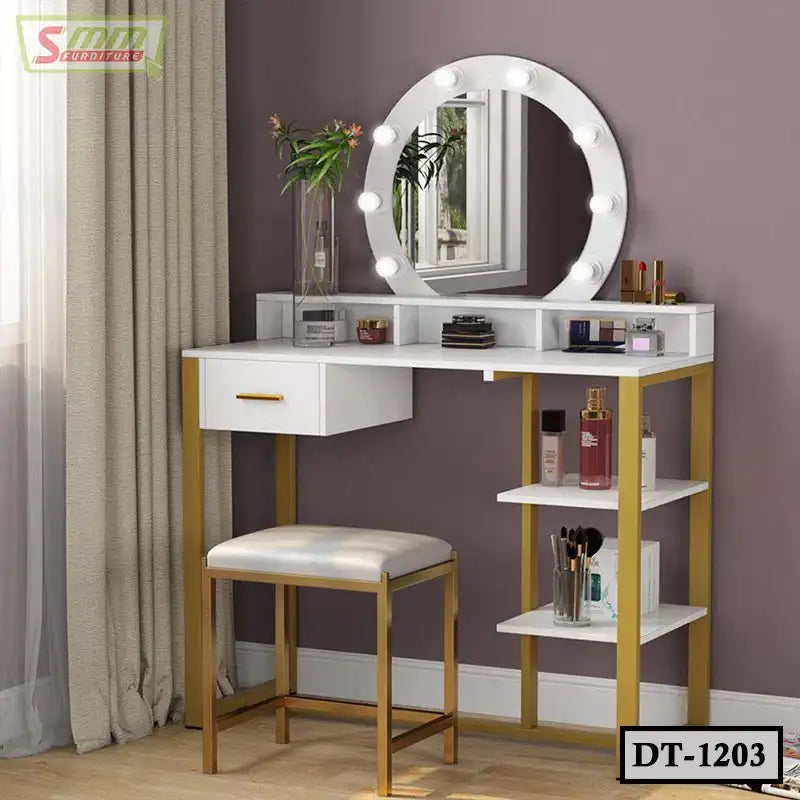 Modern white and gold dressing table with round lighted mirror, stool, and cosmetic organizers