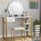 Modern white and gold dressing table with round mirror and stool, makeup storage and decor