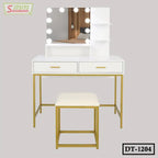 Modern white dressing table with lighted mirror, gold legs, and matching stool
