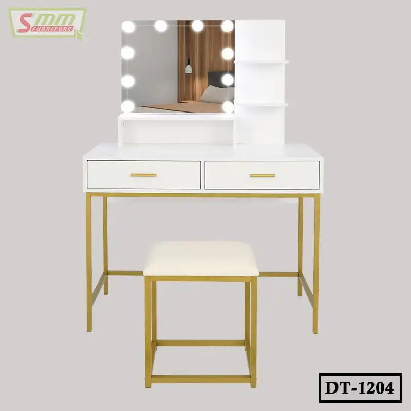 Modern white dressing table with lighted mirror, gold legs, and matching stool