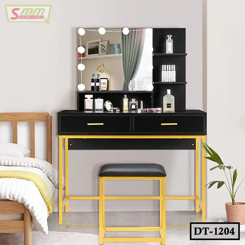 Modern black and yellow dressing table with mirror, storage shelves, and stool in bedroom
