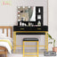 Modern black and yellow dressing table with mirror, storage shelves, and stool in bedroom