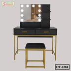 Black and gold dressing table with illuminated mirror, drawers, shelves, and matching stool