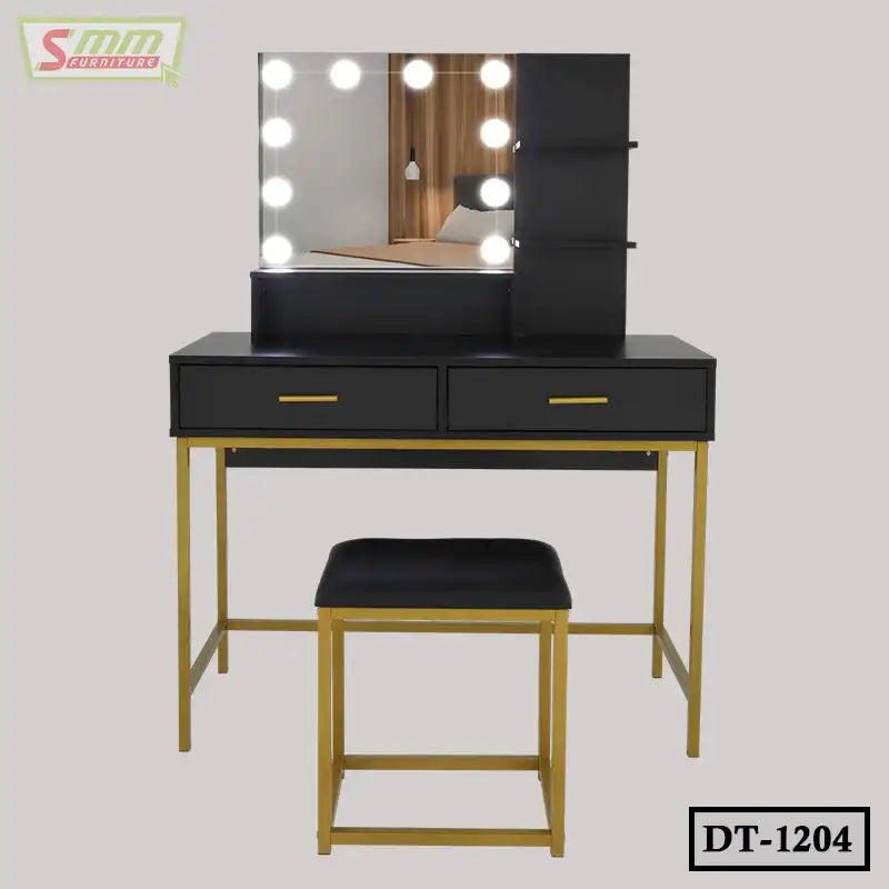 Black and gold dressing table with illuminated mirror, drawers, shelves, and matching stool