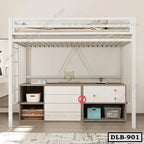 Modern white duplex loft bed with ladder, storage drawers, and open shelves for bedroom