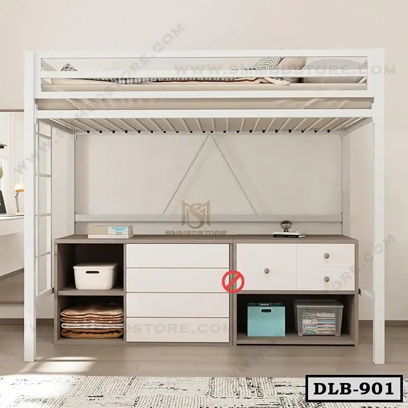 Modern white duplex loft bed with ladder, storage drawers, and open shelves for bedroom