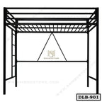 Black metal loft bed frame with ladder, modern minimalist design, space-saving furniture.