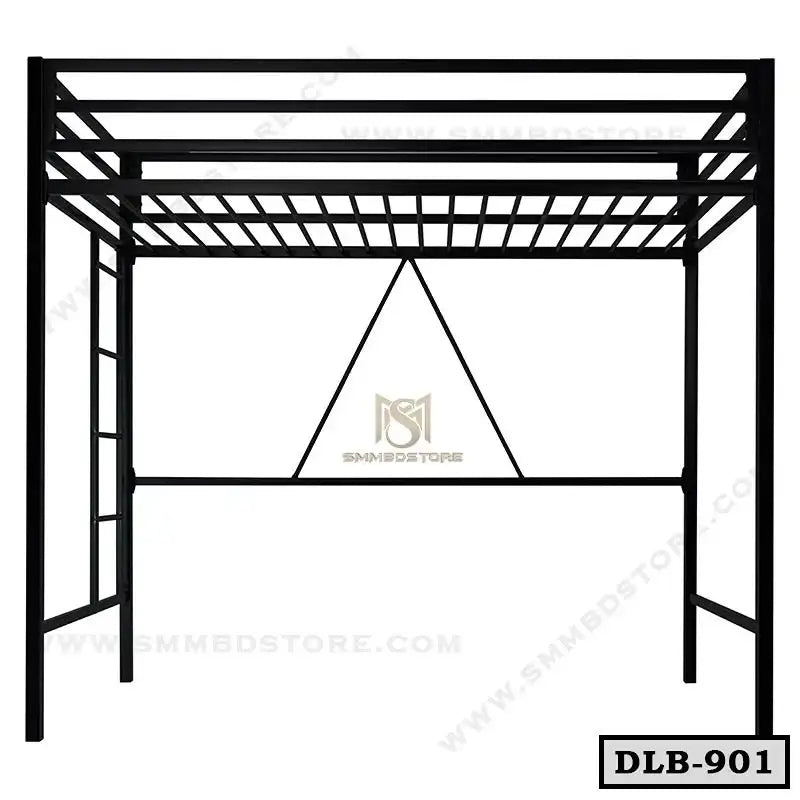 Black metal loft bed frame with ladder, modern minimalist design, space-saving furniture.
