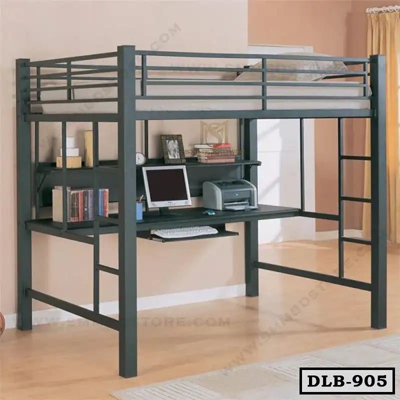 Metal Loft Bed Frame With Desk and Shelf DLB-905-SMM BD STORE Main image