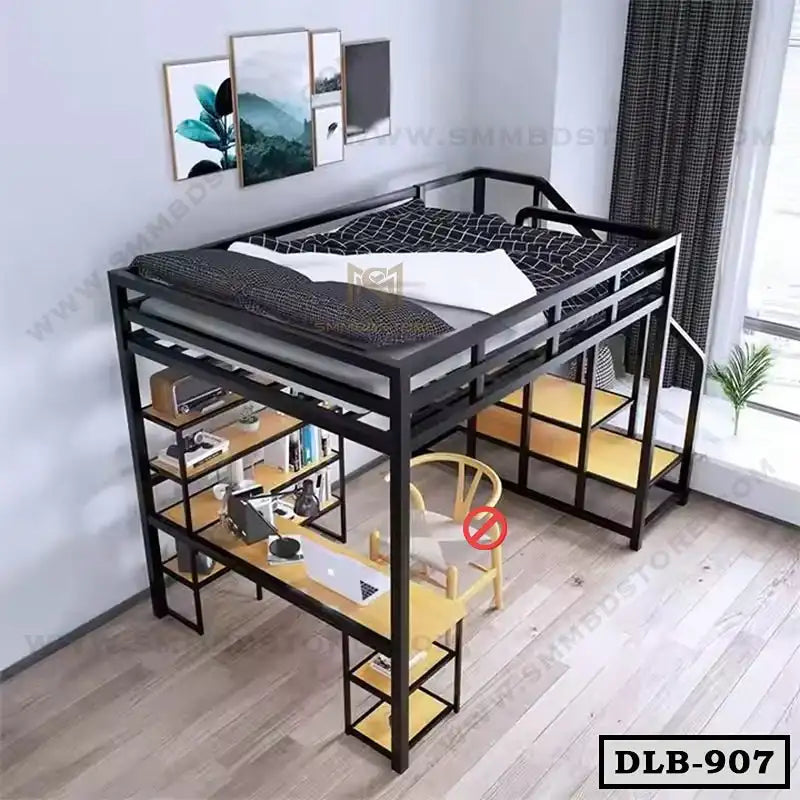 Modern duplex loft bed with built-in desk, stairs, and storage in a bright room