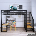 Modern duplex loft bed with staircase, study desk, and open shelf workspace under bed
