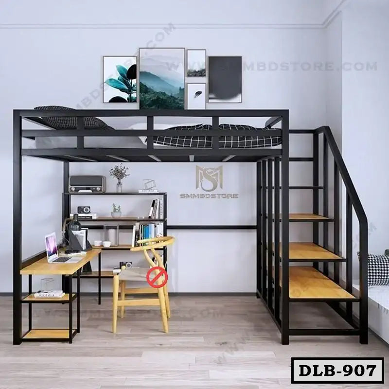 Modern duplex loft bed with staircase, study desk, and open shelf workspace under bed