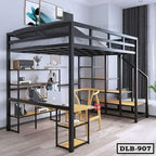 Modern duplex loft bed with integrated desk, shelves, and stairs in a stylish bedroom.
