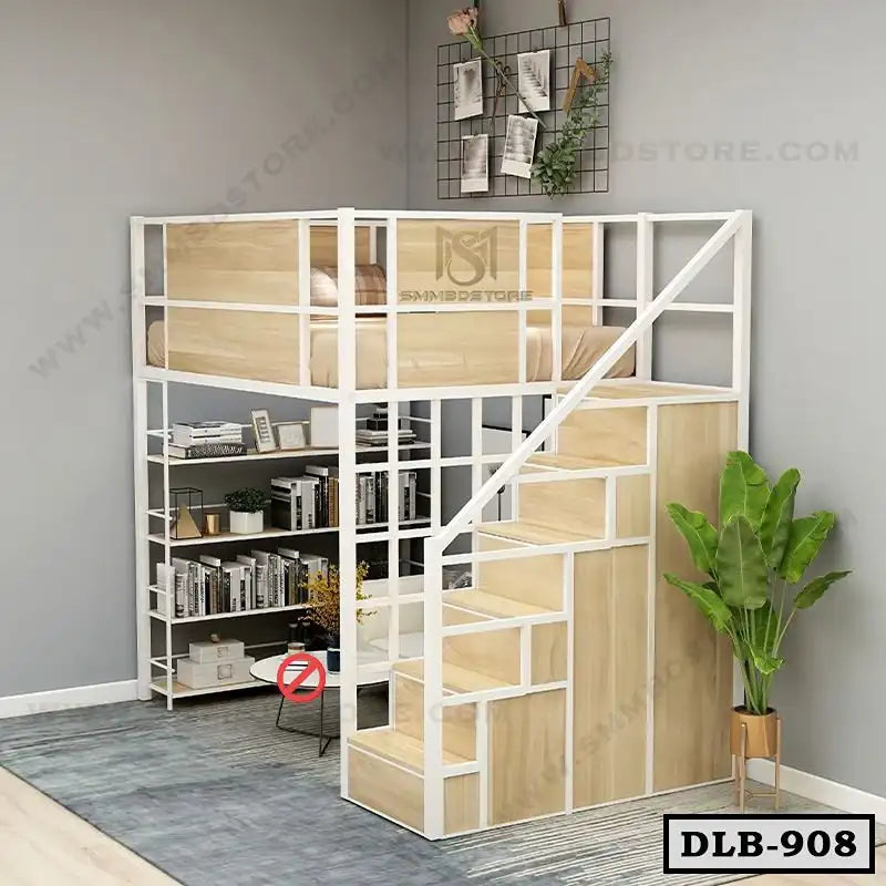 Modern wooden loft bed with staircase, integrated shelves, and minimalist room decor