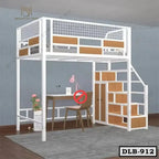 Modern duplex loft bed with stair storage, study desk, and white metal frame.