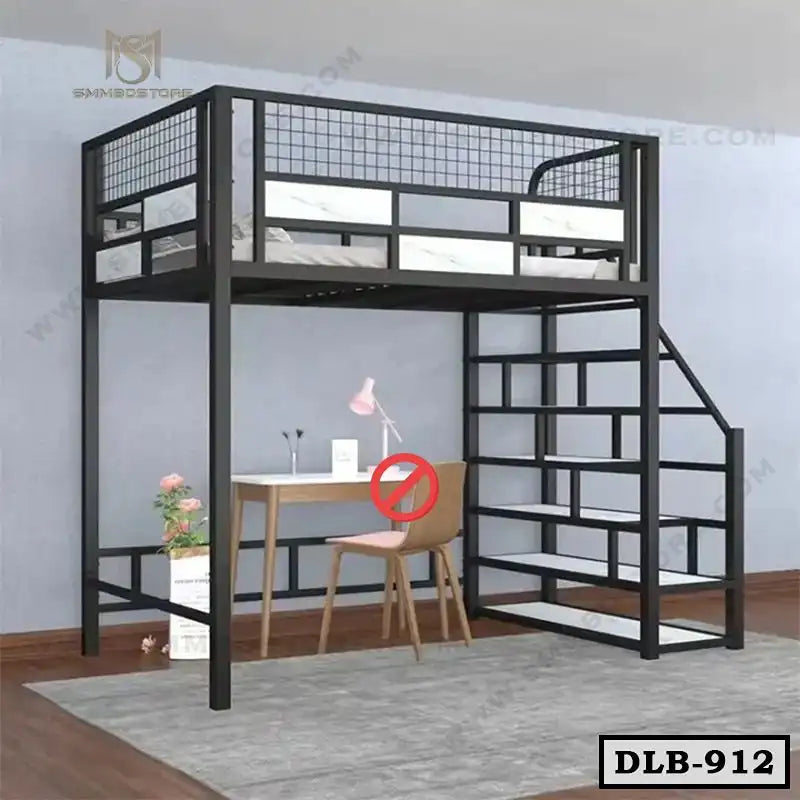 Modern black metal loft bed with built-in desk and bookshelf stairs in a minimalist room