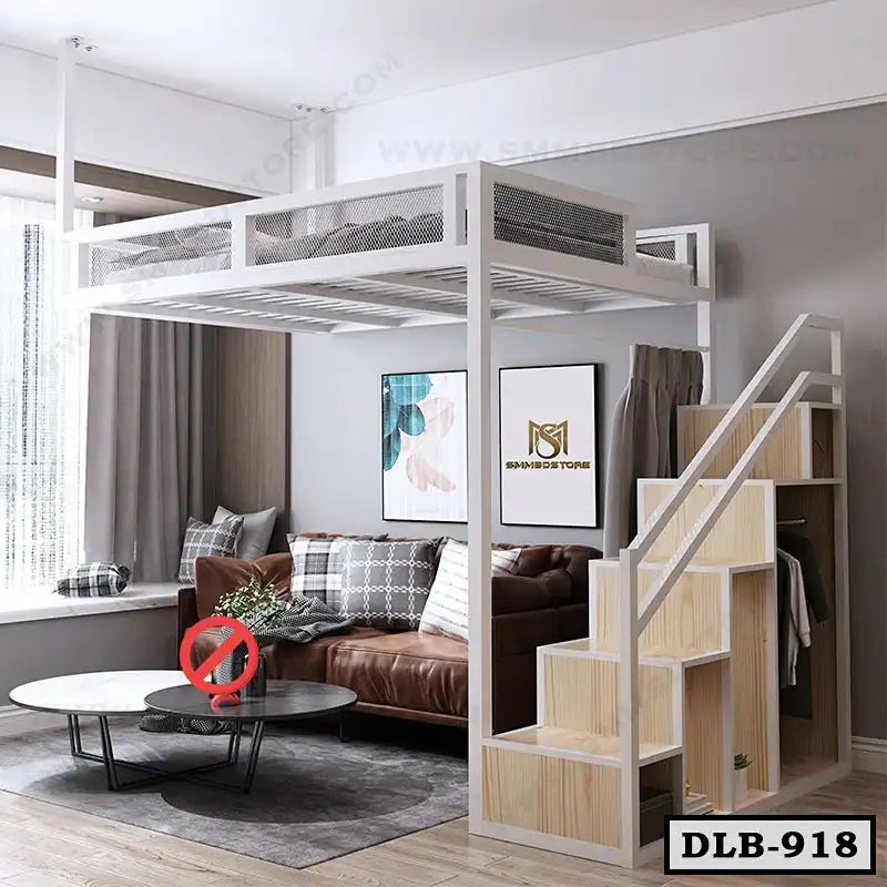 White duplex loft bed with stairs, brown sofa, and modern living room décor