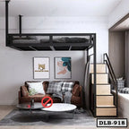 Modern duplex loft bed with staircase above a living area with a brown sofa and coffee tables