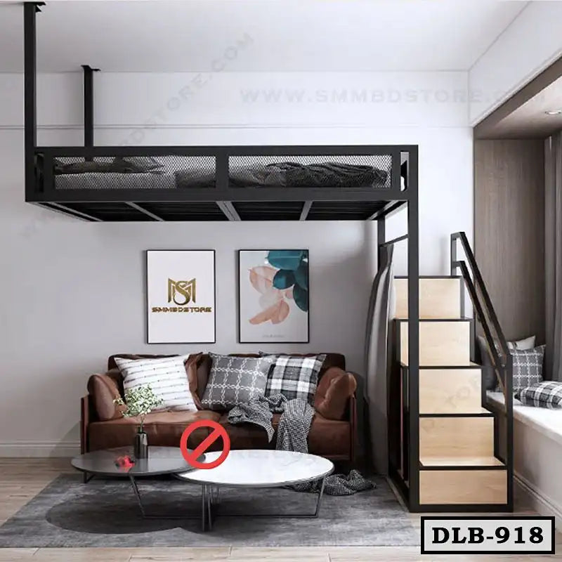 Modern duplex loft bed with staircase above a living area with a brown sofa and coffee tables