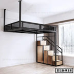 Modern duplex loft bed with black metal frame and wooden staircase in a bright room