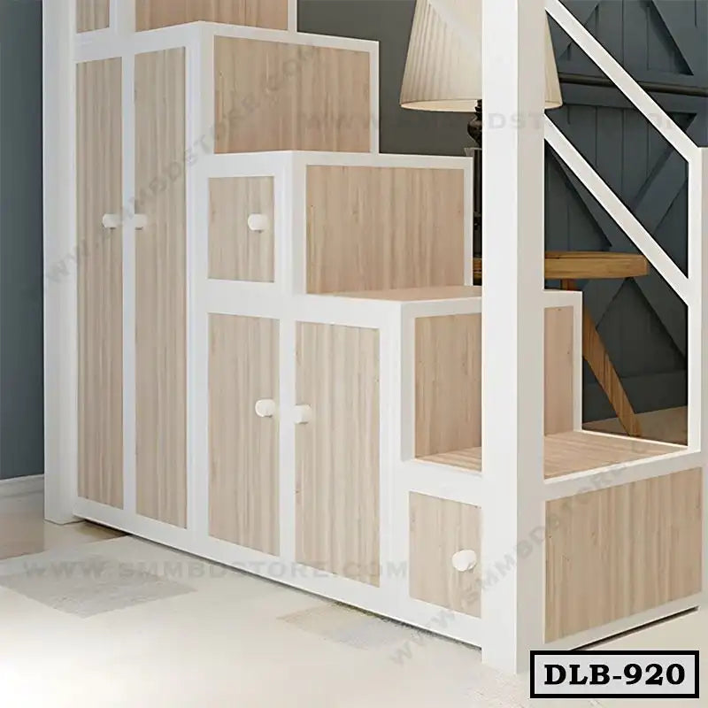 Wooden loft bed staircase with built-in storage cabinets and drawers for home interiors