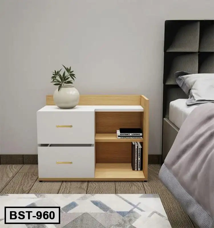 Modern bedside table with white drawers, wood shelves, books, and a plant vase beside a bed Main image
