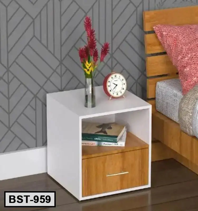 Modern white and wood bedside table with drawer, books, clock, and vase decor Main image