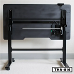 Black electric folding desk with metal frame and visible cable management, model THA-816