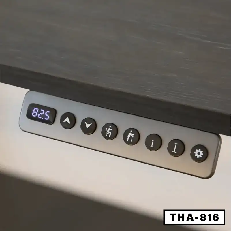 Electric standing desk control panel with height adjustment buttons and digital display