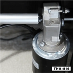 Close-up of electric folding desk motor and metal mechanism with THA-816 label