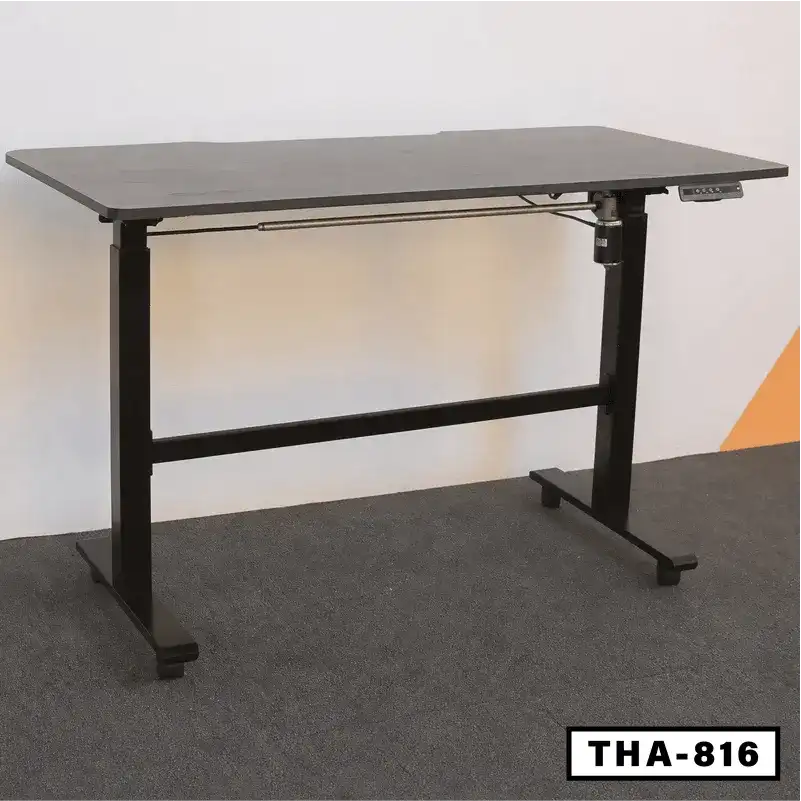 Modern electric folding desk with adjustable height, black frame, and control panel