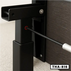 Close-up of electric folding desk metal frame and adjustable leg mechanism