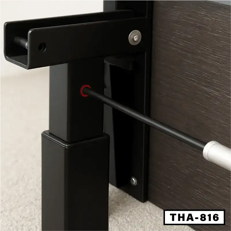 Close-up of electric folding desk metal frame and adjustable leg mechanism