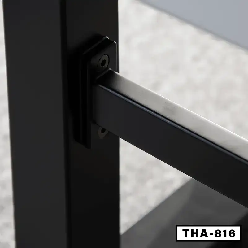 Close-up of sturdy black metal leg frame of electric folding desk model THA-816