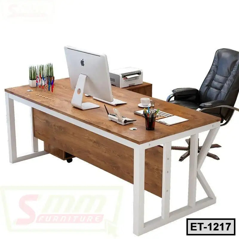 Modern executive office table with wooden top, white metal frame, computer and office chair Main image