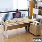 Modern executive office table with computer, printer, storage shelves, and city view