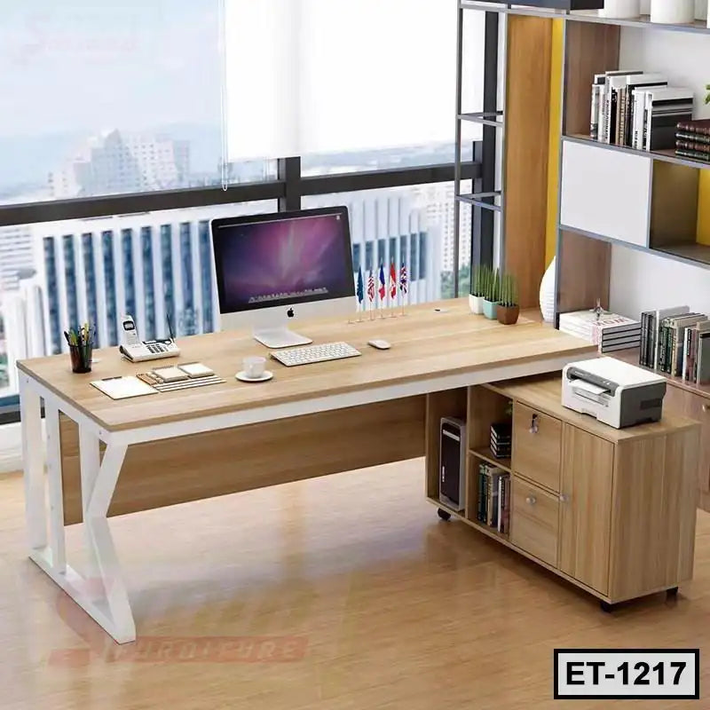 Modern executive office table with computer, printer, storage shelves, and city view