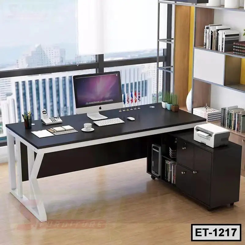 Modern executive office table with computer, printer, and storage cabinet in a high-rise workspace