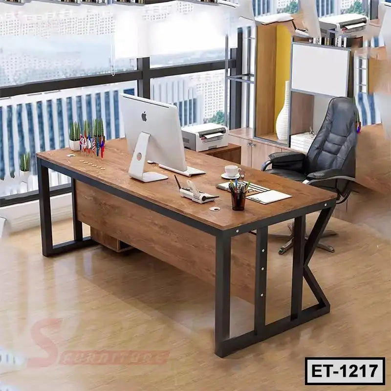 Modern executive office table with wooden top and metal frame in a professional workspace