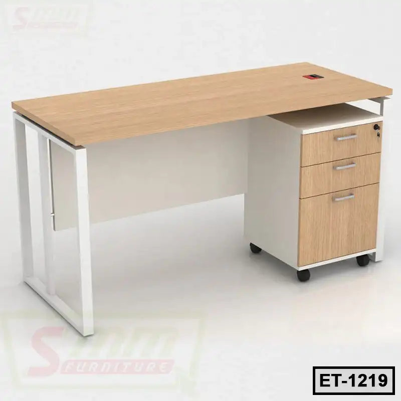 Modern executive table with a light wood top, white metal frame, and three-drawer storage unit. Main image