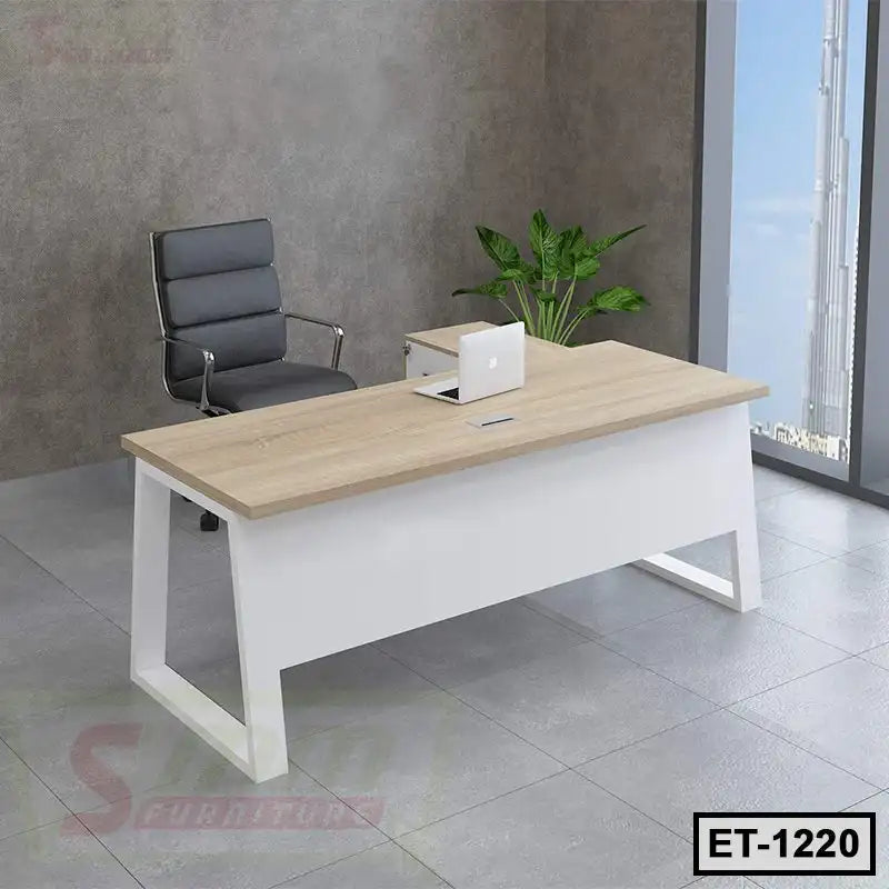 Modern executive office table with light wood finish and white frame, paired with a black chair.