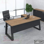 Modern executive office table with a black frame and wooden top, paired with a black chair