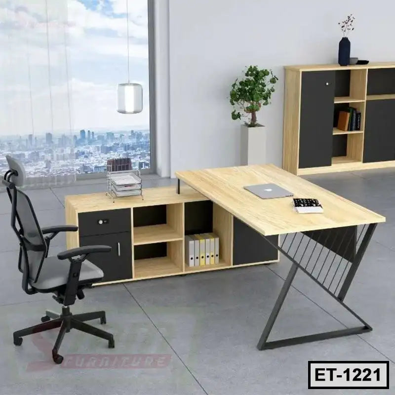Modern executive office table with shelves, ergonomic chair, laptop, and city view window