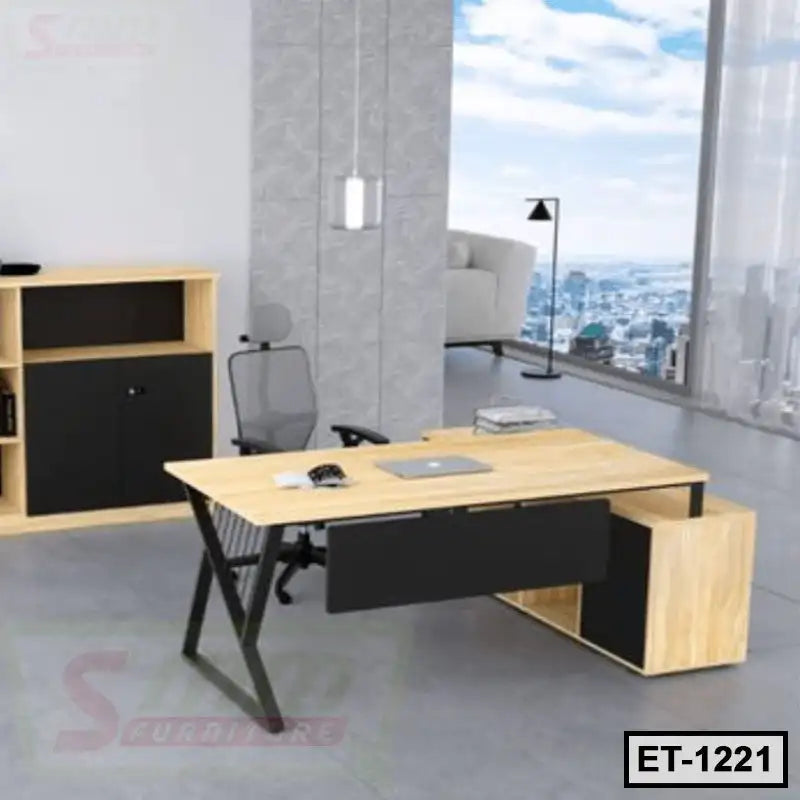 Modern executive office desk with wood and black finish, ergonomic chair, city view background Main image