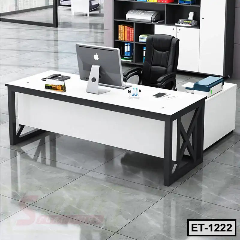 Modern executive office table with black metal frame, white tabletop, and office chair in workspace Main image