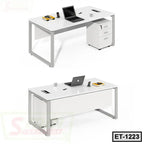 Modern white executive office table with metal frame, drawers, and workspace accessories