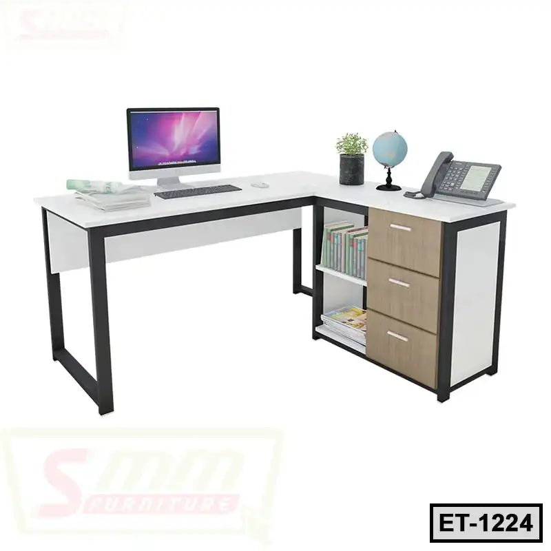 Modern executive office table with drawers, computer, books, and stationery organized on top. Main image