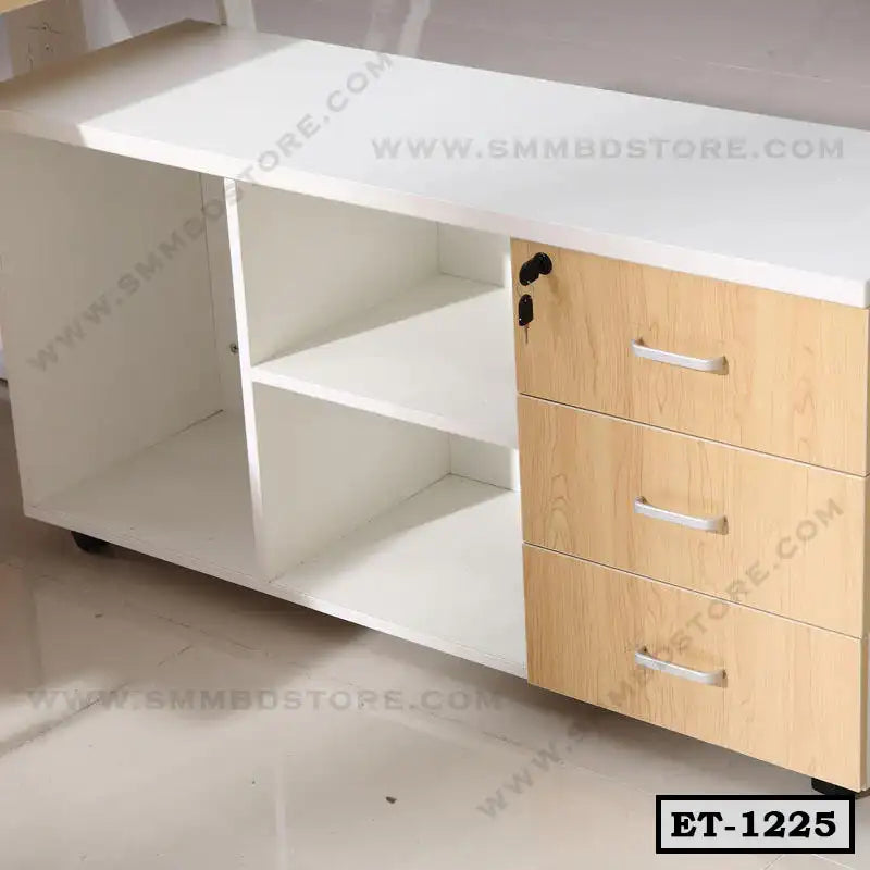 Modern executive office table with white shelves and three wood drawers, lockable storage