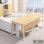 Modern executive office table with wood finish and white metal legs in a bright office setting